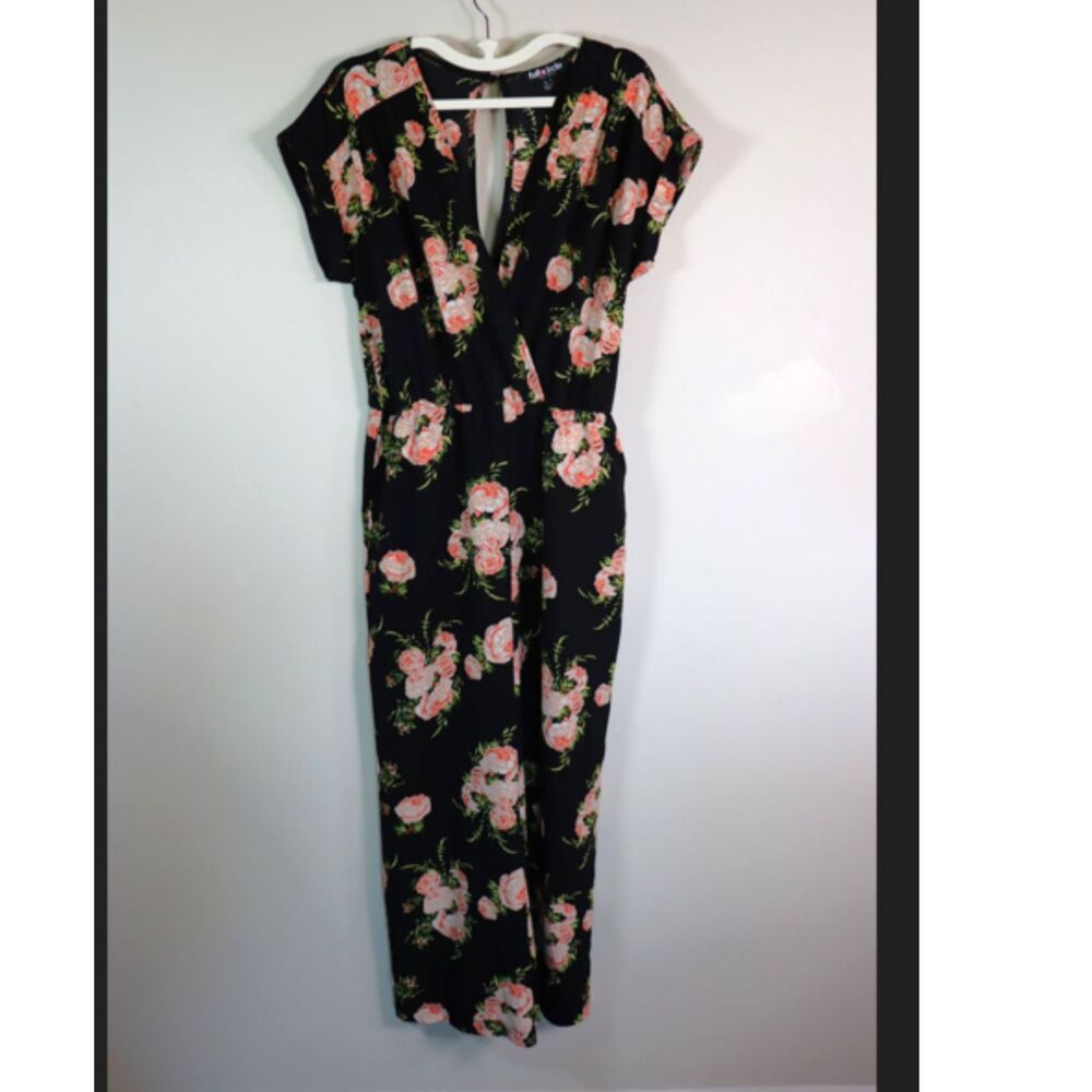 Full Circle Trends Floral Jumpsuit Large Black Pink Rose Peony Wide Leg